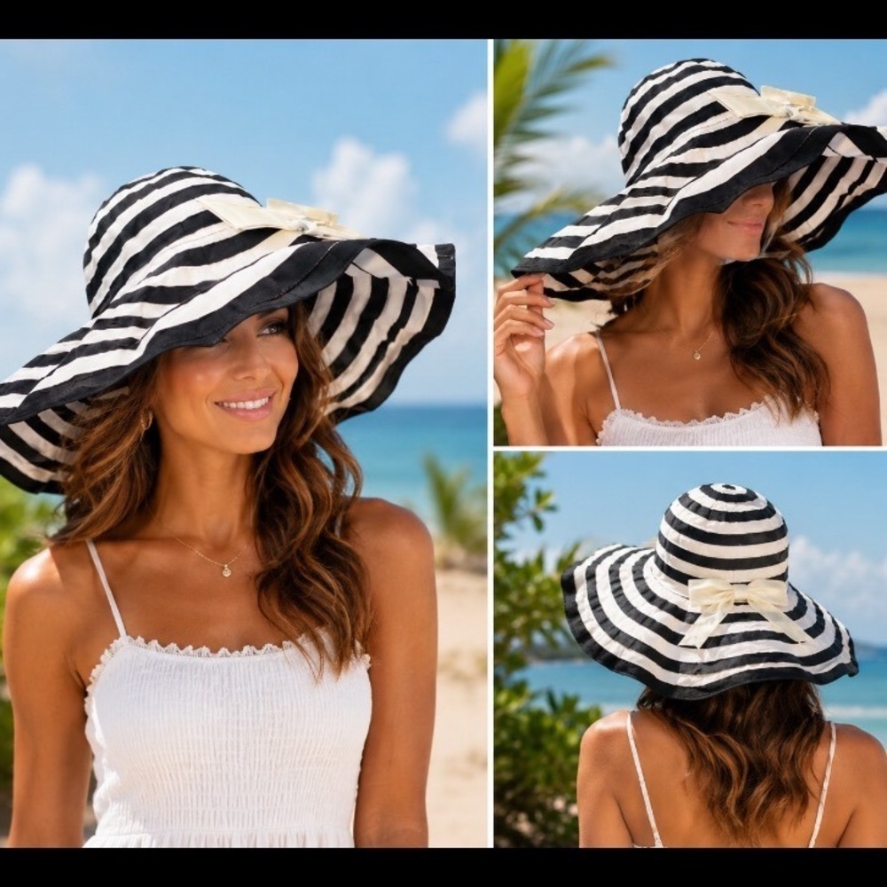 Black and White Striped Wide Brim Sun Hat Beach Summer NWT wire bendable